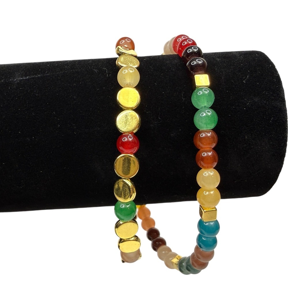 Colorful Double Strand Glass Gemstone Bracelet Gold Tone Accents Jewelry Wrist 8